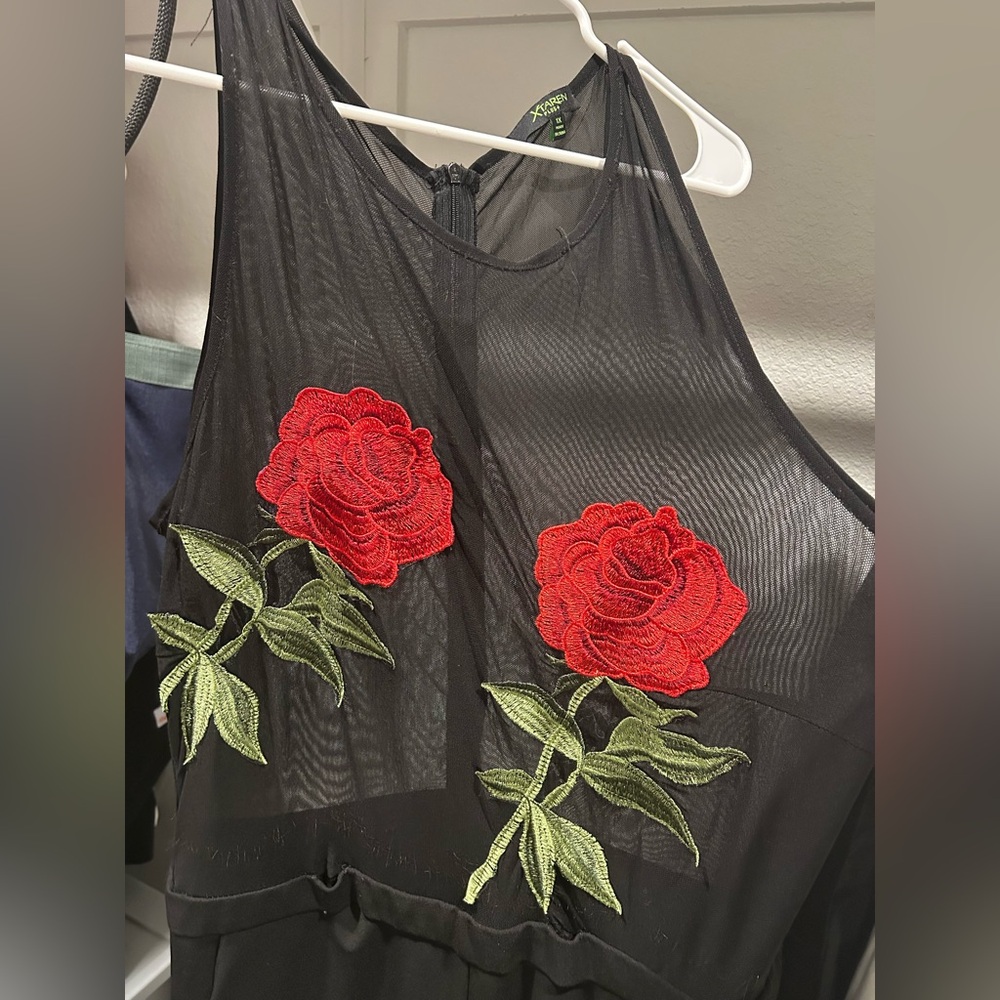 Xtaren Black Dress with Red Floral Embroidery